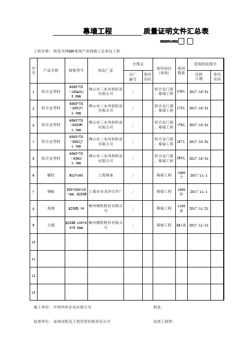 质量证明文件汇总表--