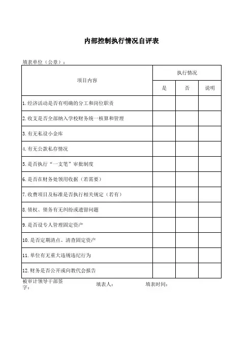 内部控制执行情况自评表
