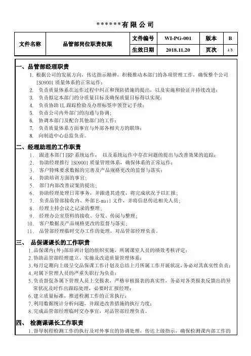 品管部岗位职责权限