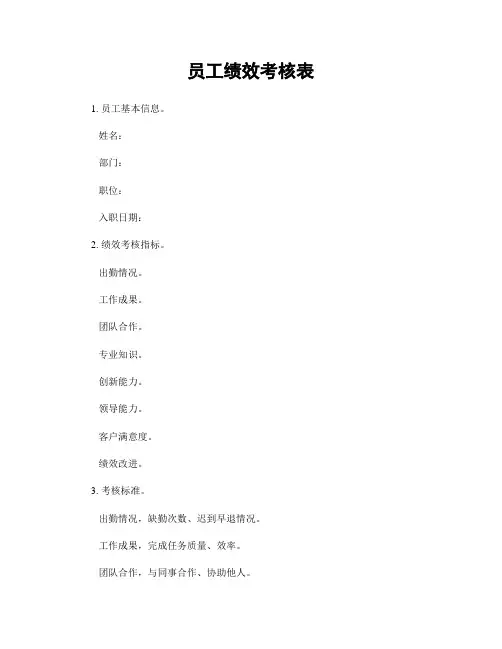 员工绩效考核表