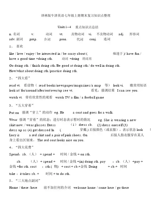 译林版牛津英语七年级(上册)期末复习知识点整理.docx