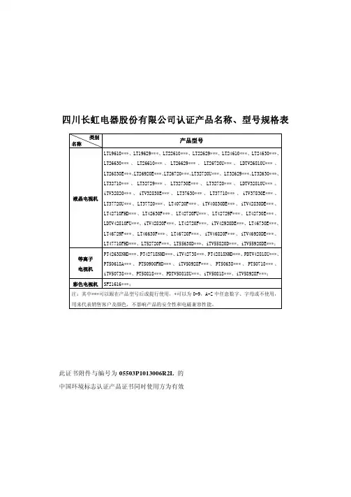 四川长虹电器股份有限公司认证产品名称、型号