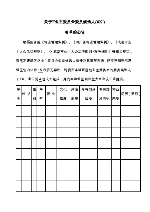 关于业主委员会委员候选人名单的公告