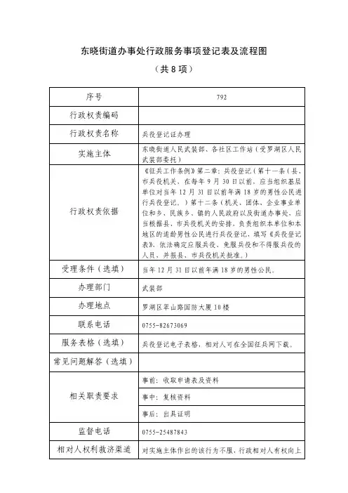 东晓街道办事处行政服务事项登记表及流程图