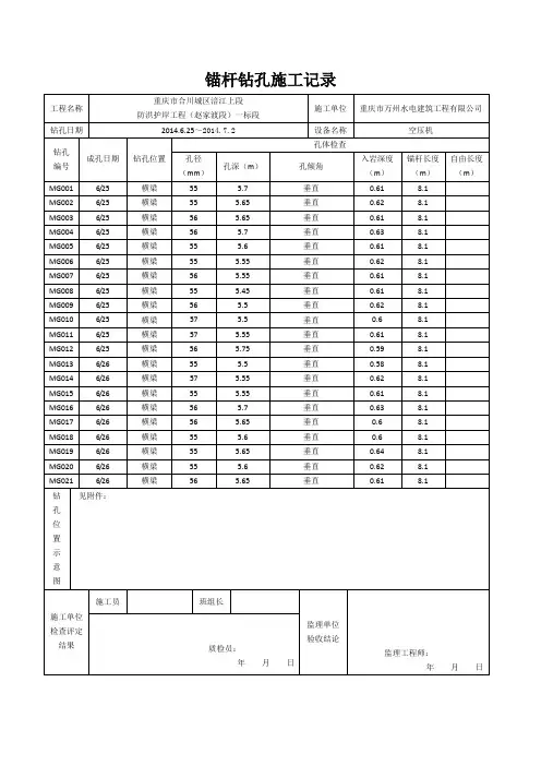 锚杆钻孔施工记录(0+638.120-0+733.240)