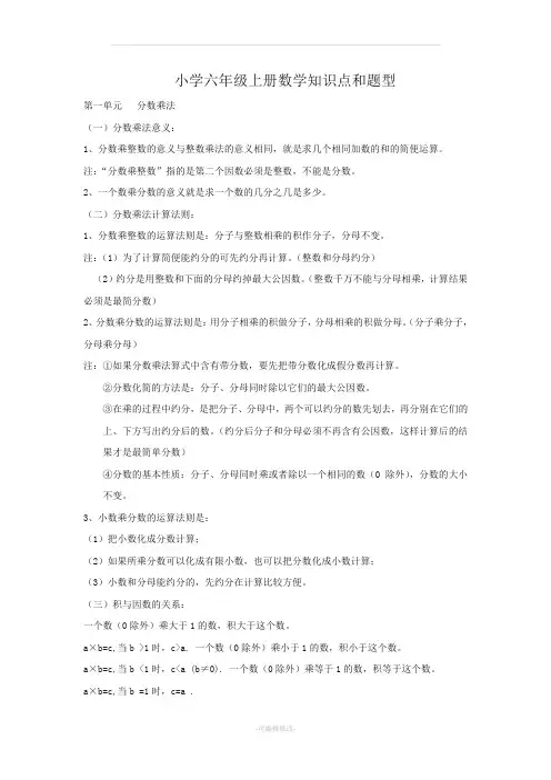 小学六年级上册数学知识点和题型