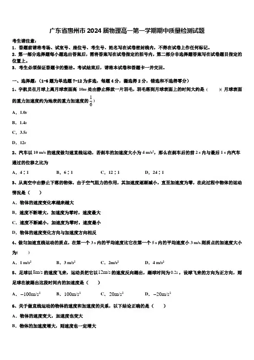 广东省惠州市2024届物理高一第一学期期中质量检测试题含解析