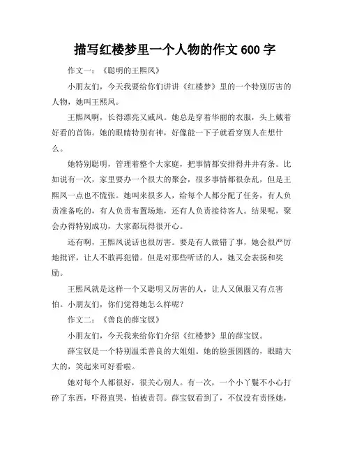 描写红楼梦里一个人物的作文600字