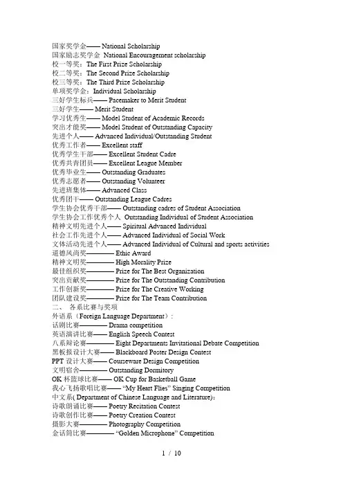 各种奖励荣誉英文的英文表达方式
