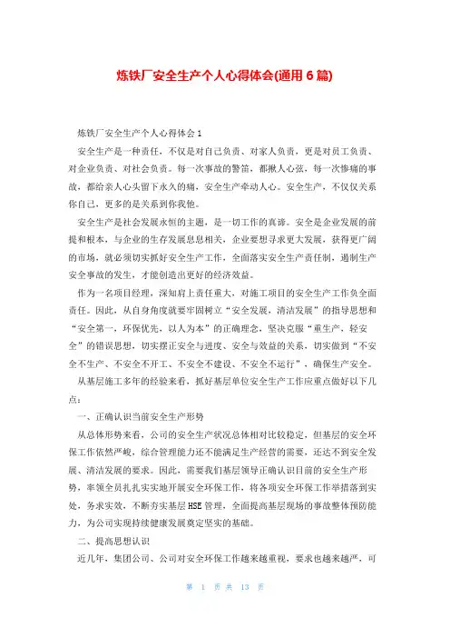 炼铁厂安全生产个人心得体会(通用6篇)