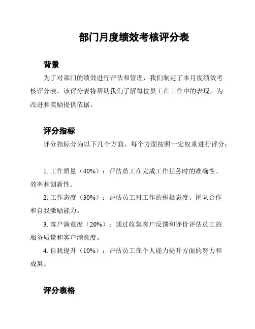 部门月度绩效考核评分表