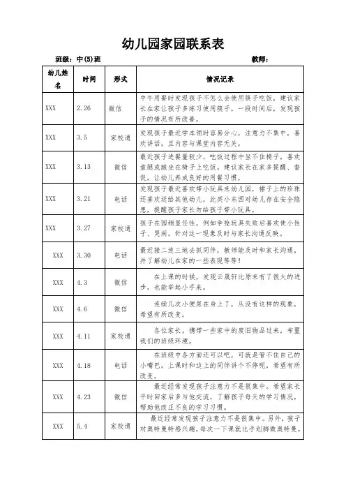 幼儿园家园联系表2