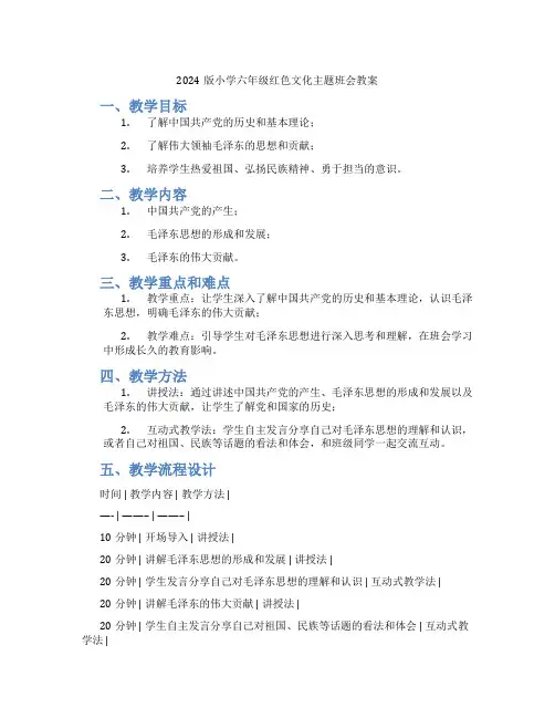 2024版小学六年级红色文化主题班会教案