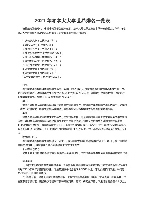 2021年加拿大大学世界排名一览表