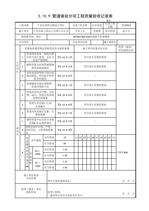 管道铺设分项工程质量验收记录表