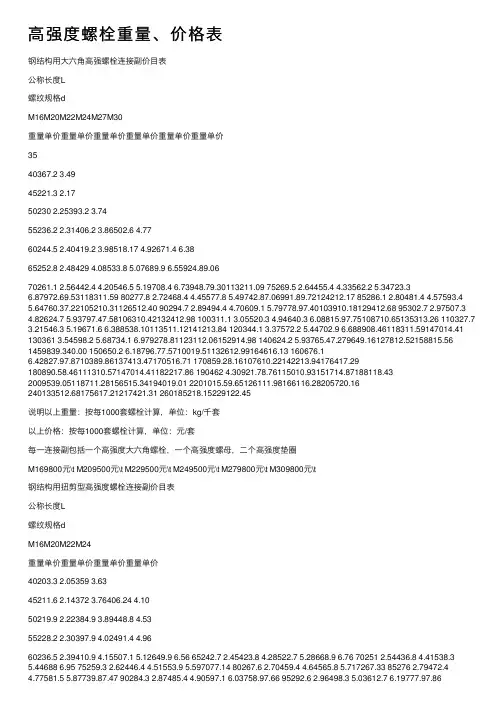 高强度螺栓重量、价格表