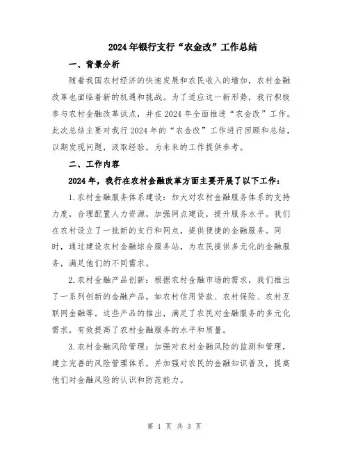 2024年银行支行“农金改”工作总结