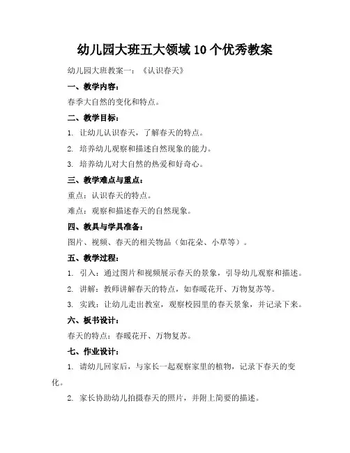 幼儿园大班五大领域10个优秀教案