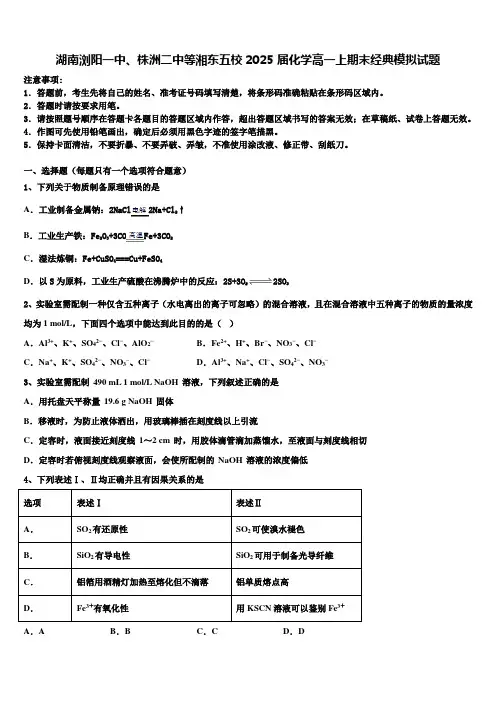 湖南浏阳一中、株洲二中等湘东五校2025届化学高一上期末经典模拟试题含解析