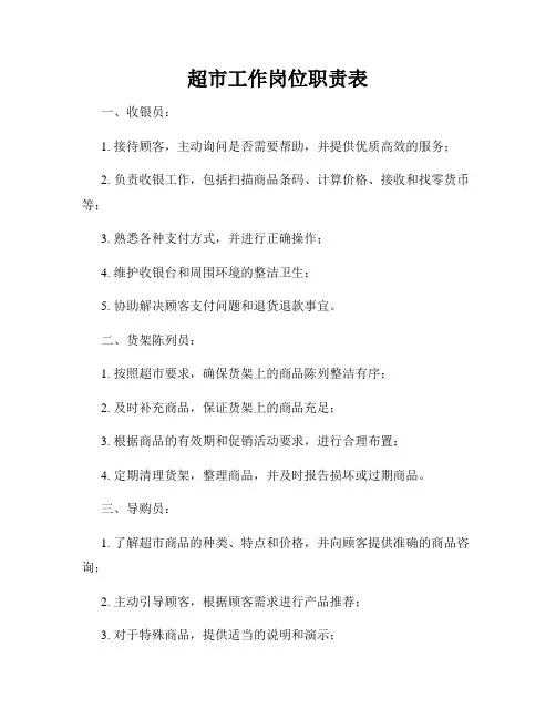 超市工作岗位职责表