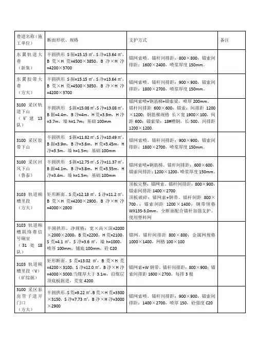施工巷道断面及支护方式