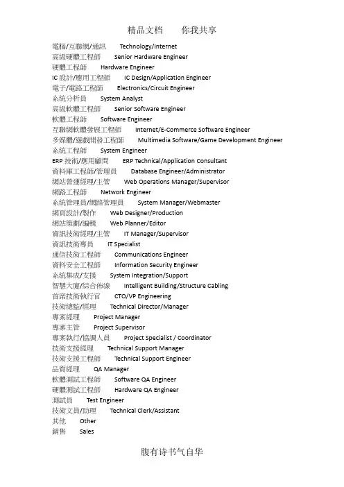 工作职能中英文对照
