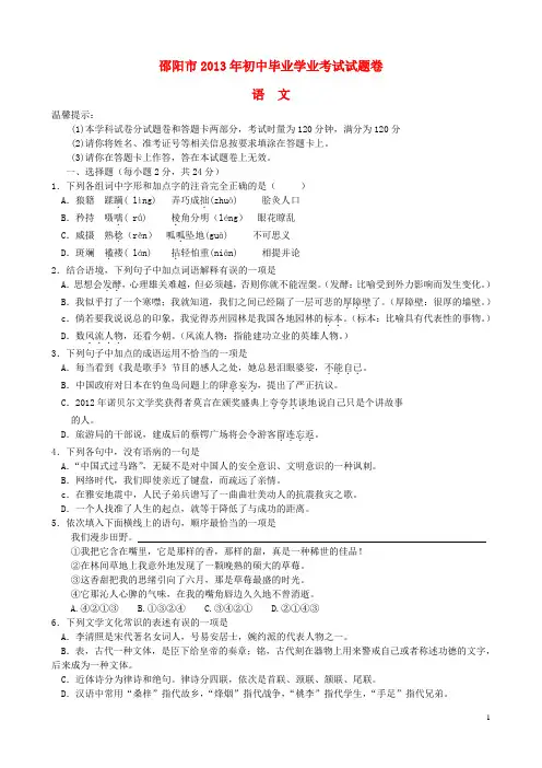 湖南省邵阳市中考语文真题试题
