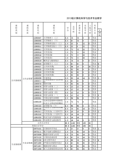 2013级计算机科学与技术专业教学进程表