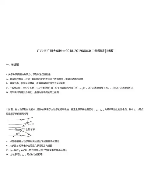 广东省广州大学附中2018-2019学年高二物理期末试题