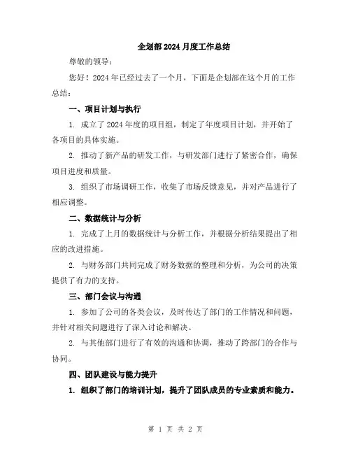 企划部2024月度工作总结