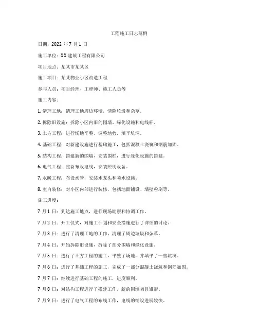 工程施工日志范例