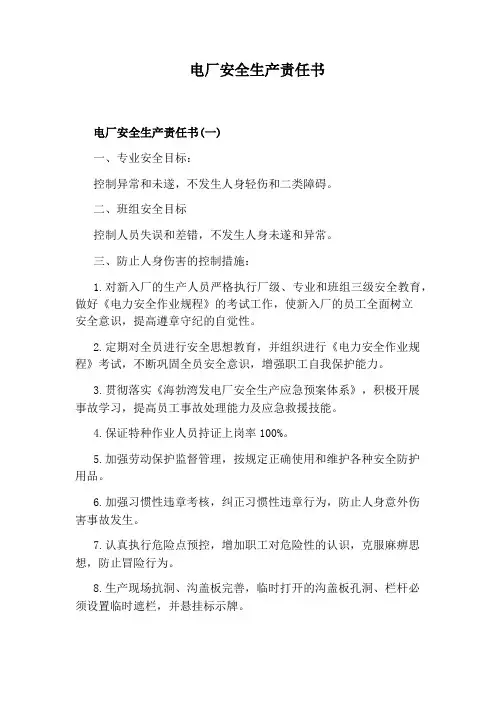 电厂安全生产责任书