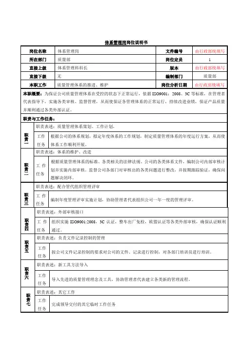 体系管理岗岗位说明书