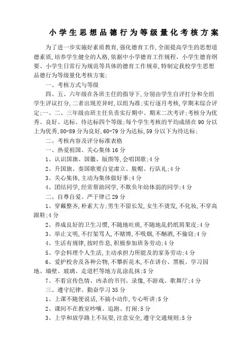 小学生思想品德行为等级量化考核方案