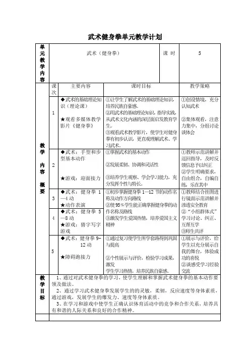 武术健身拳单元教学计划