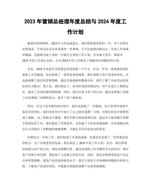 2023年营销总经理年度总结与2024年度工作计划