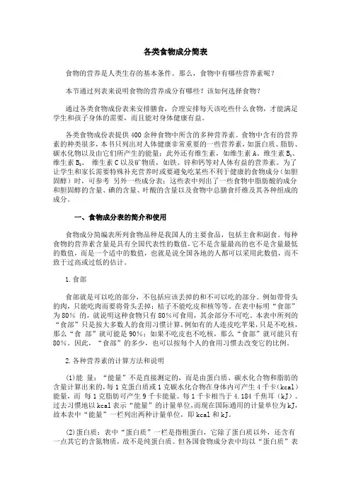 食物营养成分简表