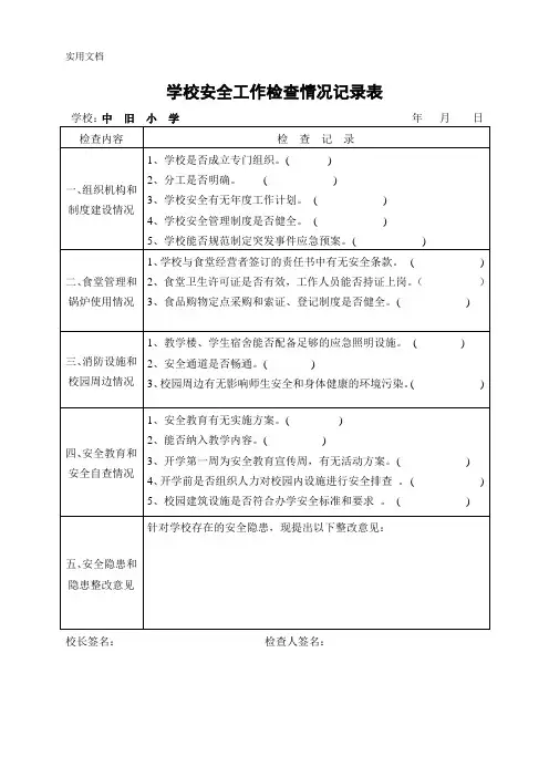 学校安全工作检查情况记录表