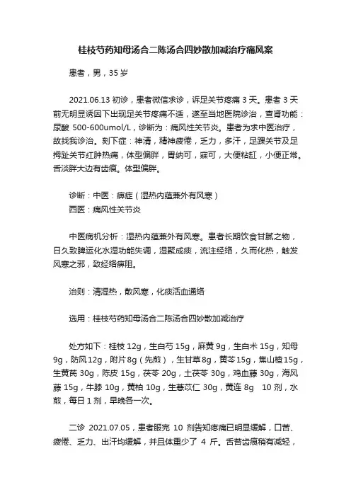 桂枝芍药知母汤合二陈汤合四妙散加减治疗痛风案