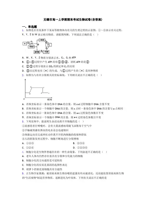 无锡市高一上学期期末考试生物试卷(含答案)