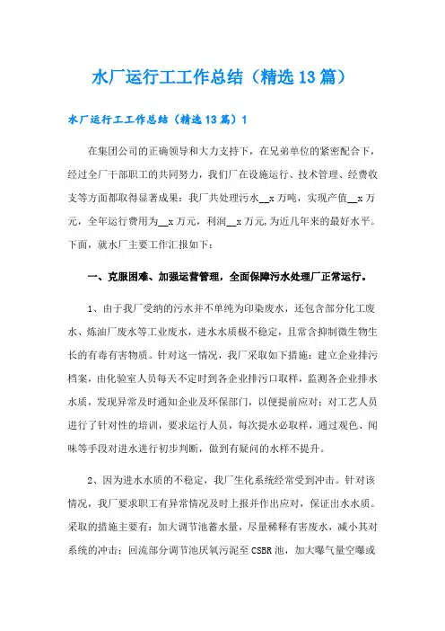 水厂运行工工作总结(精选13篇)