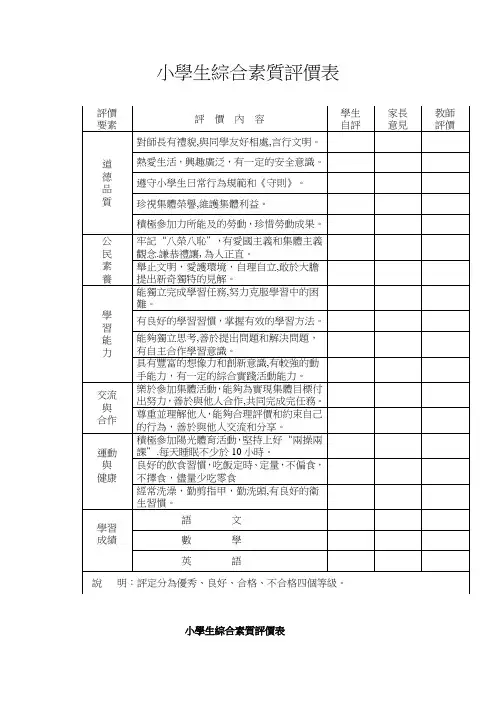 小学生综合素质评价表