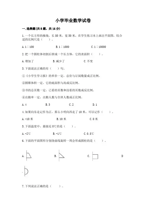 小学毕业数学试卷及参考答案(能力提升)