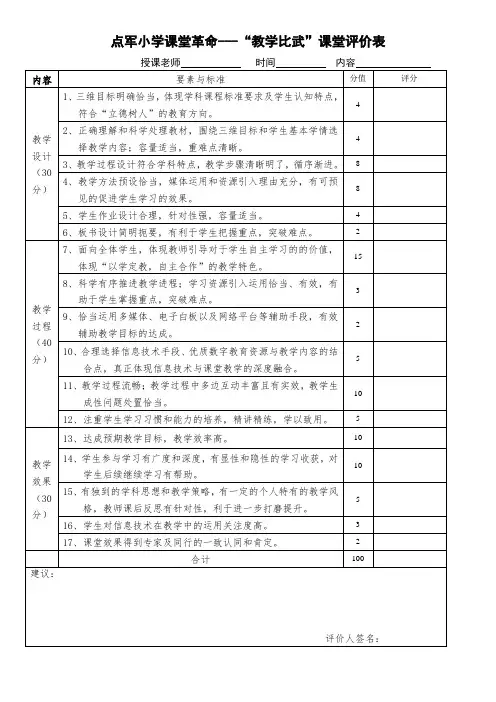 “教学比武”课堂评价表