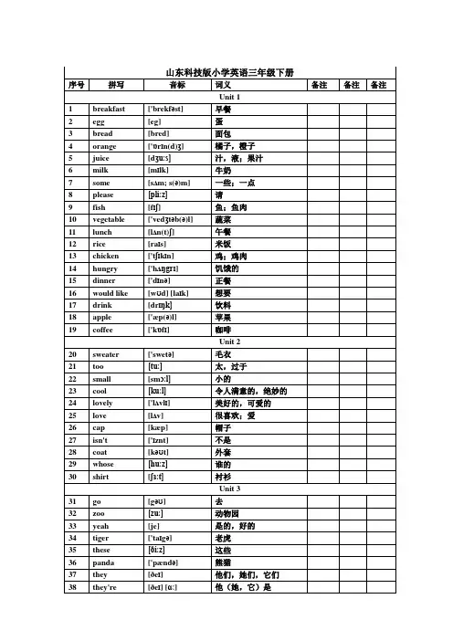 (完整版)山东科技版小学英语三年级下册词汇表带音标