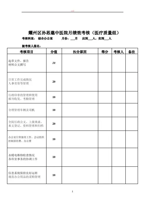 综合办公室绩效考核细则