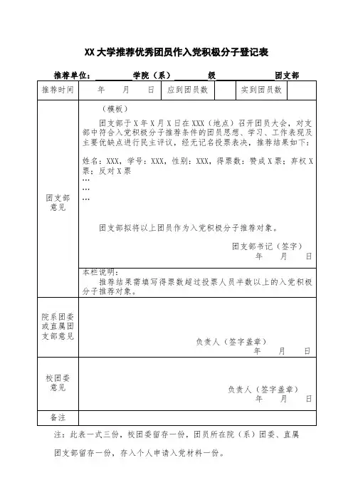 XX大学推荐优秀团员作入党积极分子登记表