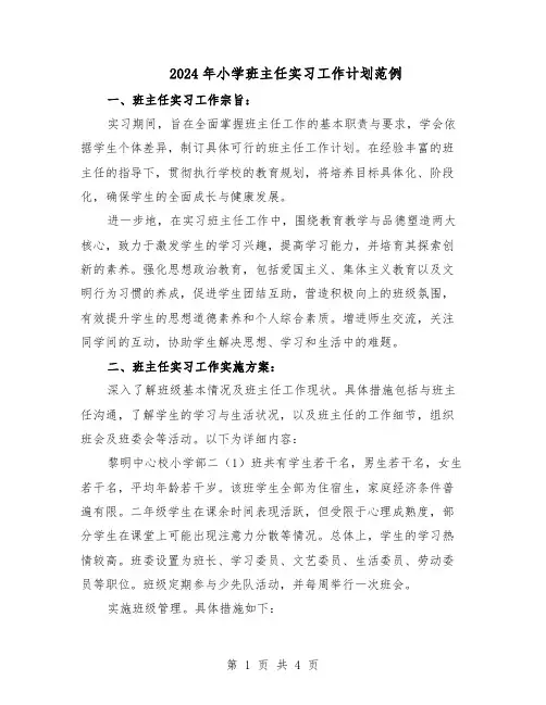 2024年小学班主任实习工作计划范例（二篇）