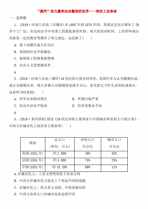 2020年高考历史(人民版)一轮复习课时达标检测卷及答案：“蒸汽”的力量和走向整体的世界__两次工业革命