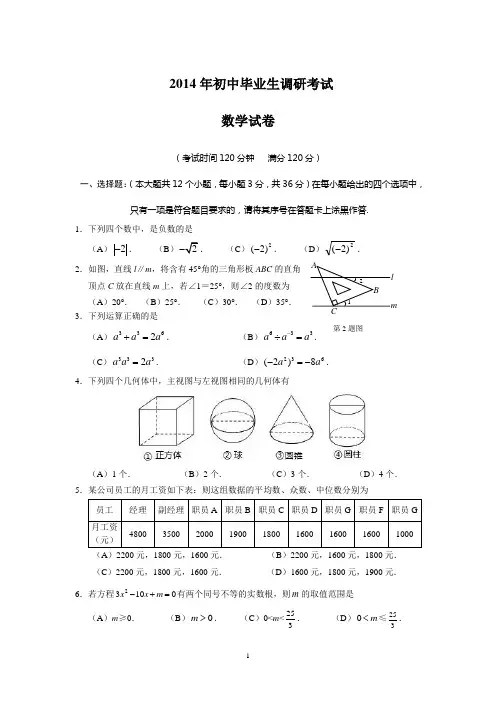 2014年初中毕业生调研考试数学试卷